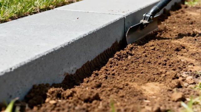 Medium shot focusing on the edgers blade navigating varied terrain demonstrating adaptability between solid concrete and soft garden soil edges
