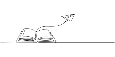 Open book and flying paper plane continuous one line drawing, Continuous one line drawing of open book with flying paper plane. Vector illustration on white background, Continuous one line drawing