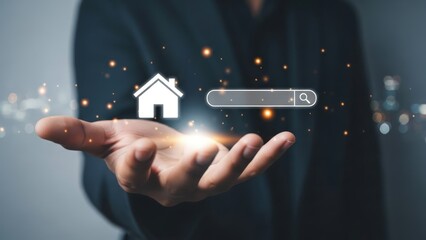 Hand presents glowing house icon and search bar, signifying digital property search, real estate, and online listings