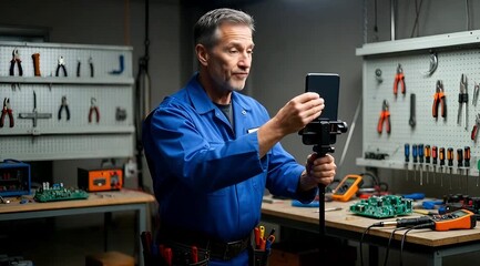 Professional electrician recording electrical repair tutorial with smartphone on tripod in workshop, tools visible, step by step technical training and DIY instruction setup