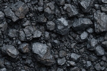 Close-up of a pile of raw, dark-gray carbon rocks. Textured surface shows different shapes