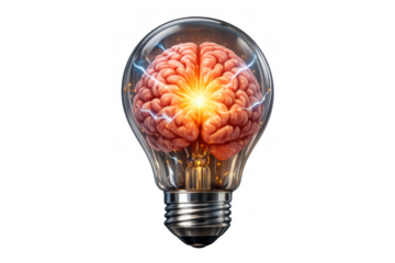 Brain with glowing core inside light bulb, representing creativity, intelligence, and the spark of new ideas