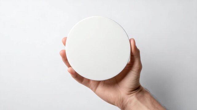 A hand holding a round white blank object, minimalistic realistic style, isolated on a clean white background, concept of product mockup