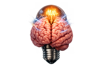 Brain light bulb illustrating creative thinking, innovative ideas, problem-solving, and mind intelligence with electric sparks