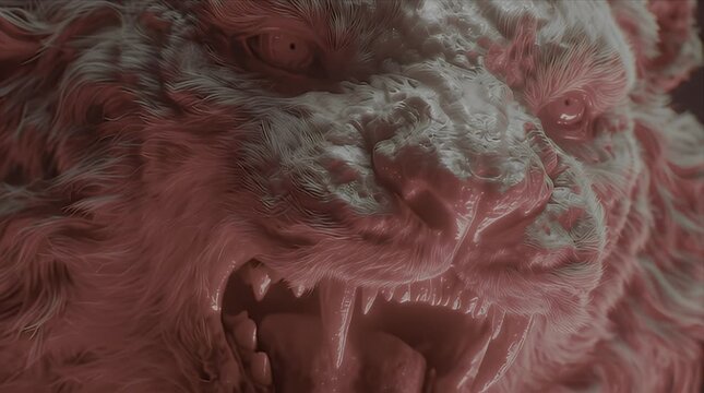 暗闇で赤い光に照らされ咆哮する猛々しい虎のクローズアップシネマティック映像