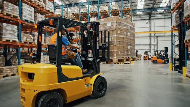 A yellow forklift moves through a wide warehouse aisle as a worker stacks and guides pallets neatly