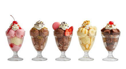 Five gourmet ice cream sundaes in clear glass cups, arranged on a transparent studio background with copy space, soft studio lighting. Concept for high-end dessert advertising