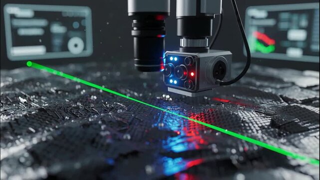 High-Tech Laboratory Analysis: Futuristic Equipment with Laser Beams and Data Display
