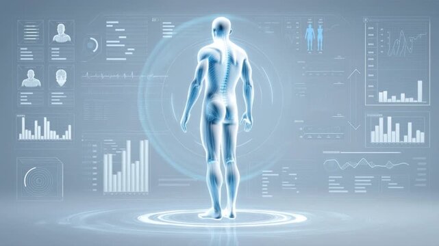 Futuristic digital human figure surrounded by holographic data and interfaces, symbolizing innovation and health.