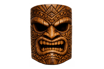 Polynesian tiki mask carving featuring protective ancestral spirits. Hawaiian tribal art with intricate wood texture on transparent background