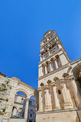 Fototapeta premium Bell tower and Cathedral of St. Domnius, formed from an Imperial Roman mausoleum, the church is dedicated to the Virgin Mary and the bell tower to Saint Domnius, Split,Croatia, Europe