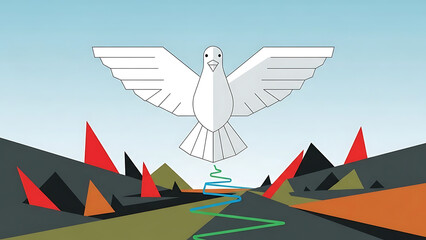 White Dove Over Colorful Geometric Landscape