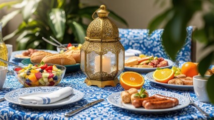 Fototapeta premium A gourmet Easter and Christmas table setting features a fresh salad appetizer and festive egg decorations for a healthy holiday celebration dinner or catering event