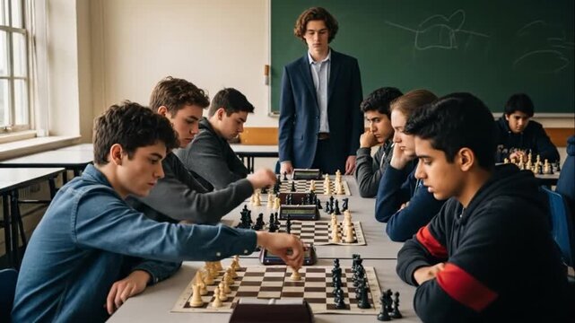 Students intensely focused on competitive chess tournament