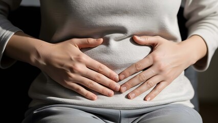 Close up of hands on abdomen for gut health awareness and digestive comfort