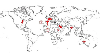 World Map Highlighted with Red Icons Indicating Hazards