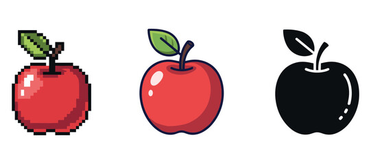 Pixelated, cartoon, and silhouette red apple designs with leaves