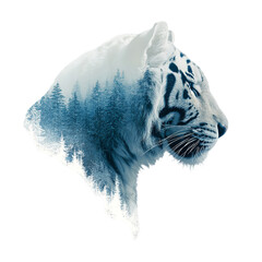 Snow leopard double exposure with forest landscape in blue watercolor style for wildlife conservation