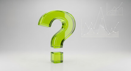 Green question mark made of glass with graph illustration, concept of uncertainity in finance, investment, or business risk, isolated on white background