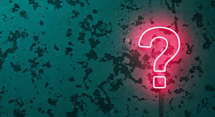 Red neon question mark against peeling green wall, suggesting uncertainty, inquiry, or a problem needing solution, perfect for education or mystery