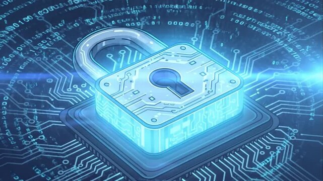 Digital Security Padlock on Circuit Board CPU Cybersecurity Concept