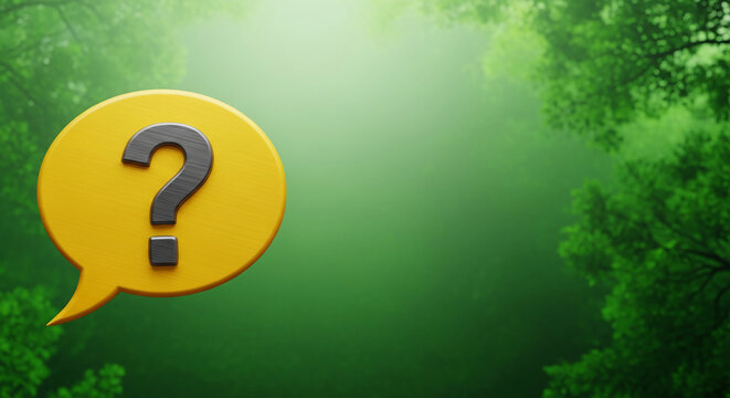 Yellow speech bubble with grey question mark in a green arboreal surrounding representing inquiry, uncertainty, or the search for information, free space - Powered by Adobe