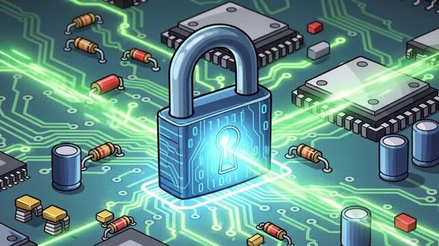 Digital Padlock Icon on PCB Cyber Security Protection Concept