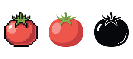 Pixelated, cartoon, and silhouette tomato trio illustrations on white background