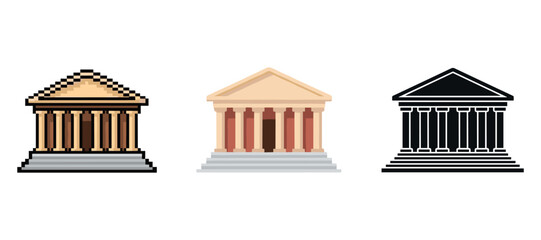 Naklejka premium Evolution of temple design: pixel art, flat icon, and silhouette variations explained