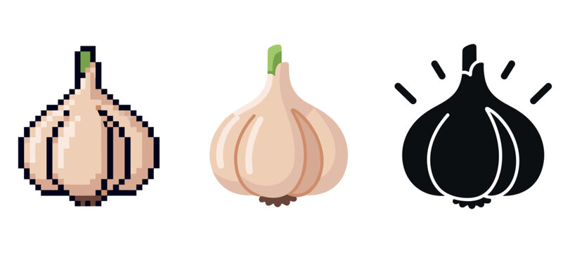 Pixelated, flat, and silhouette garlic icons: diverse art styles