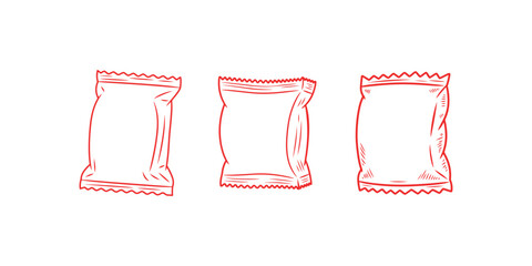 Three red snack bag outline sketches isolated on white background plastic food packaging © MstPoliAkther