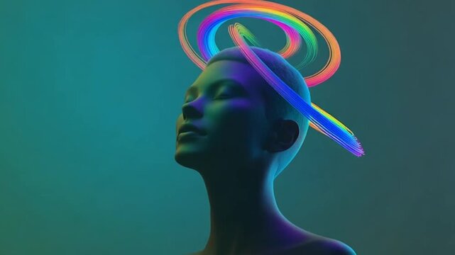 Futuristic Halo Aura: Androgynous Figure with Rainbow Light Ring