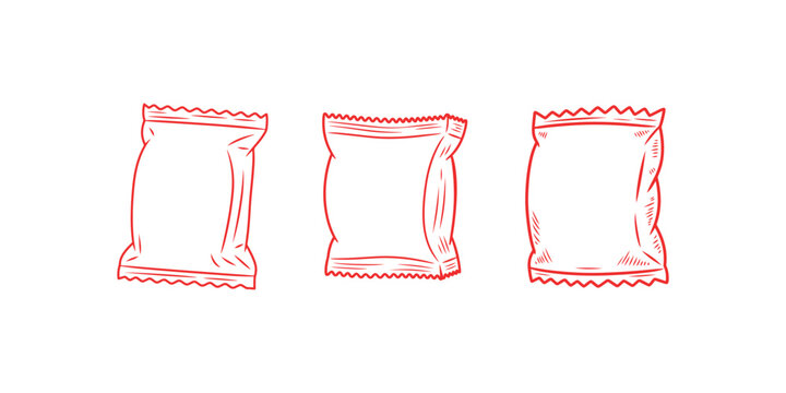 Three red snack bag outline sketches isolated on white background plastic food packaging