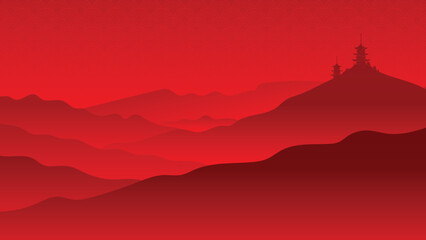 A striking silhouette of mountains and a tower against a monochromatic red background. © Mansura