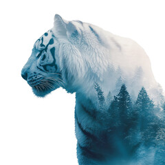 White Tiger Double Exposure with Forest Landscape in Cool Tones on Transparent Background for Wildlife Conservation