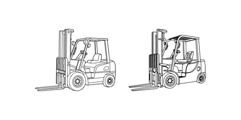 Two detailed black and white line drawings of industrial counterbalance forklift trucks © MstPoliAkther