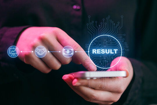 Person points at a smartphone screen showing digital icons related to technology and finance in a modern office setting - Powered by Adobe