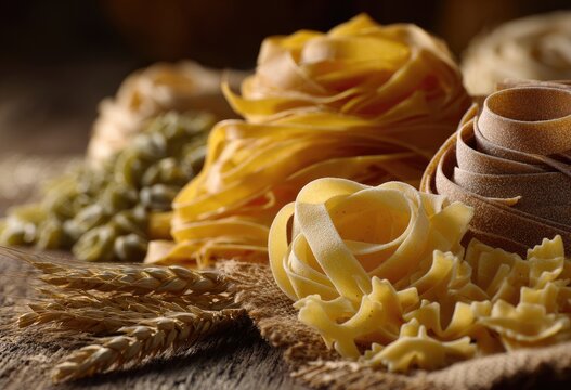 Assortment of dry, raw pasta varieties on a rustic wooden surface with wheat stalks