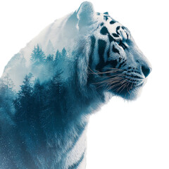 White tiger with forest landscape in double exposure effect with cool blue tones on white background for wildlife conservation