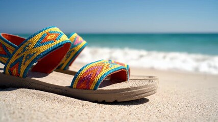 Colorful sandals on a sunny beach, relaxing summer vacation vibes and coastal getaway