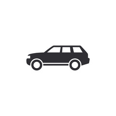 Black silhouette icon of a side-view SUV with four windows and two wheels. Represents transportation, travel, automotive design, and vehicle-related services. UI elements, signage, infographics.