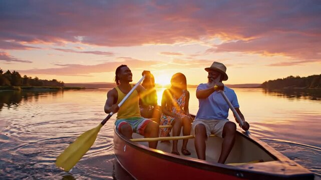 Three friends paddle a red canoe on a sunset lake; calm water, orange sky, tree-lined shore at dusk!