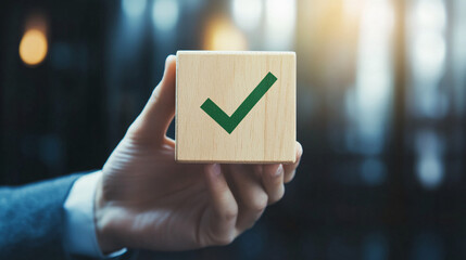 Businessman holding wooden block with green checkmark