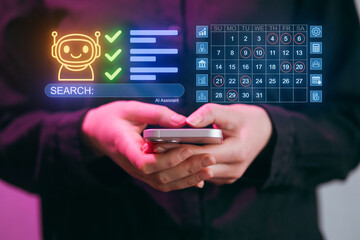 Person using a smartphone while interacting with an AI assistant and checking a digital calendar
