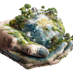 Hands holding miniature earth with lush greenery in earthy tones with natural texture for environmental awareness