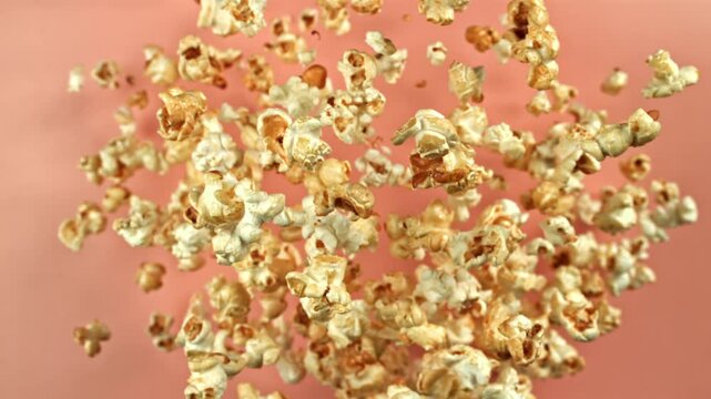 Super slow motion flying popcorn. Filmed on a high-speed camera at 1000 fps. High quality FullHD footage