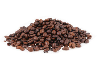 Side view pile of Colombian hazelnut light roast whole coffee beans isolated on white background. Studio image focused color, and texture for ingredient visuals and product use.