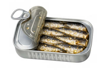 Opened can of sardines in oil, a fish food snack, healthy seafood meal on transparent background