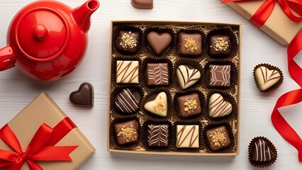 Overhead view of assorted chocolates in a heart-shaped box with a red teapot, wrapped gifts, and hearts on a white surface.