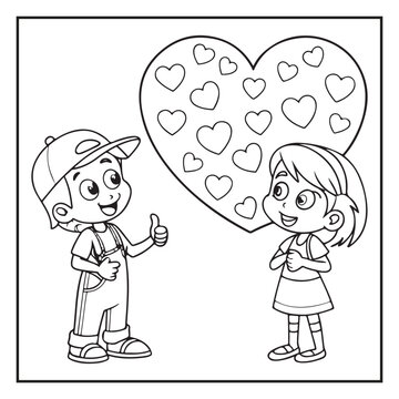 Cute Kids Couple Valentine's Day Coloring Page Vector Illustration featuring Happy Boy and Girl, Hearts, Gifts, and Romantic Scenes for Children Activity Book
